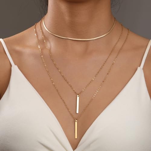 Layered Vertical Bar Choker Necklace for Women Men Gold Silver Plated Dainty Simple Multilayer Thin Flat Stick Geometric Adjustable Long Chain Necklace for Minimalist Birthday Holiday Fashion Jewelry