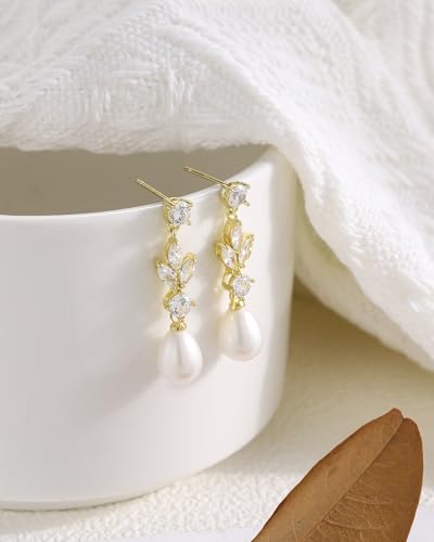 Pearl Earrings for Women, 14k Gold Plated Trendy Diamond Pearl Drop Earrings Bridal Shower Gifts Wedding jewelry for Women - color: Style D Gold