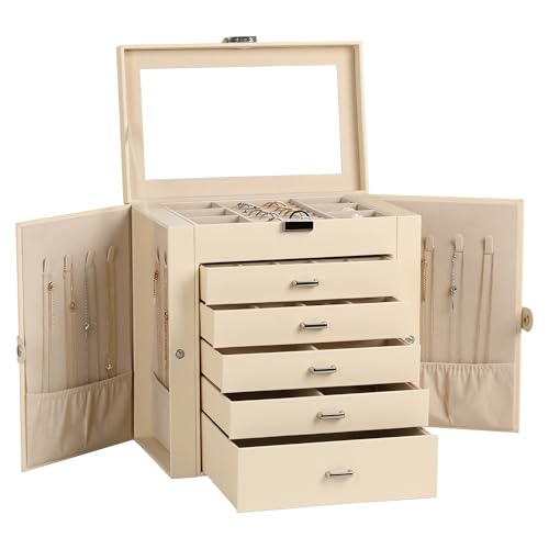 Frebeauty 6-Layer Jewelry Box for Women,Large Jewelry Organizer with Drawer | Faux Leather,Built-in Mirror,Spacious Jewelry Storage,16 Necklace Hooks,Organizing by Category for Rings Earrings Bracelet - color: Beige, size: Large