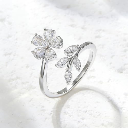 Kokoma Delicate Flower Leaf Wrap Finger Ring for Women Pink Cubic Zirconia Crystal Floral Statement Ring Promise Engagement Rings Adjustable Open Band - color: Silver