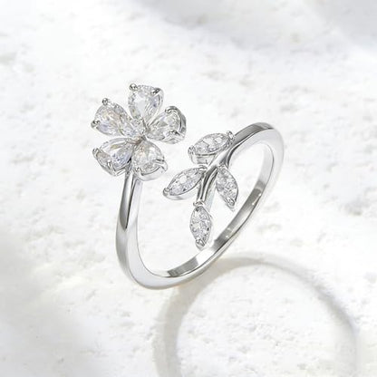Kokoma Delicate Flower Leaf Wrap Finger Ring for Women Pink Cubic Zirconia Crystal Floral Statement Ring Promise Engagement Rings Adjustable Open Band - color: Silver
