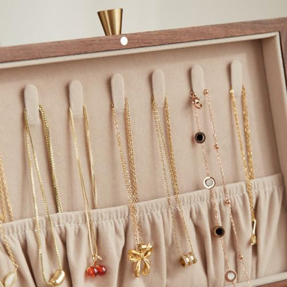 Walnut Wood Jewelry Box with Necklace Hook, Gift for Women | 7 Necklace Hooks, Velvet-Lined, Stores Watches Rings Earrings Necklaces Bracelets, Jewelry Organizer, Gift for Her - style: 1 Layer A