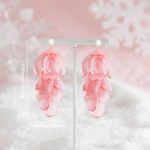 Handmade Bohemian Lightweight Fabric Flower Dangle Drop Earrings Chic Pearl Large Tassel Petal Stud Earrings For Women - color: Meat Pink