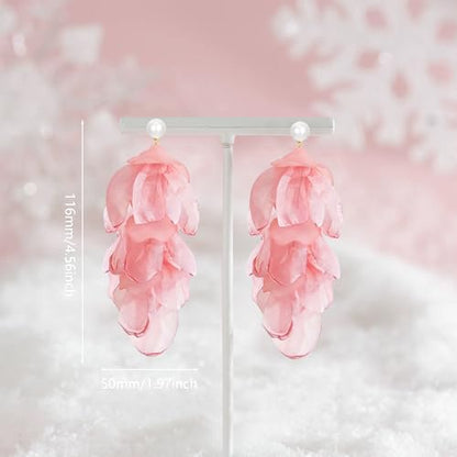 Handmade Bohemian Lightweight Fabric Flower Dangle Drop Earrings Chic Pearl Large Tassel Petal Stud Earrings For Women - color: Meat Pink