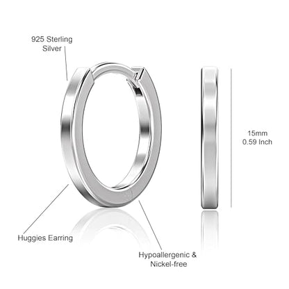 LeCalla 925 Sterling Silver Small Huggie Hoop Earrings for Women | Rhodium-Plated Lightweight Classic Hoop Earrings for Women 15MM