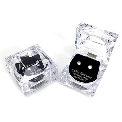 Stainless Steel Round Cut Cubic Zirconia Stud Earrings With Clear Case - Gold, Silver (3mm~12mm) - color: 4mm-Silver
