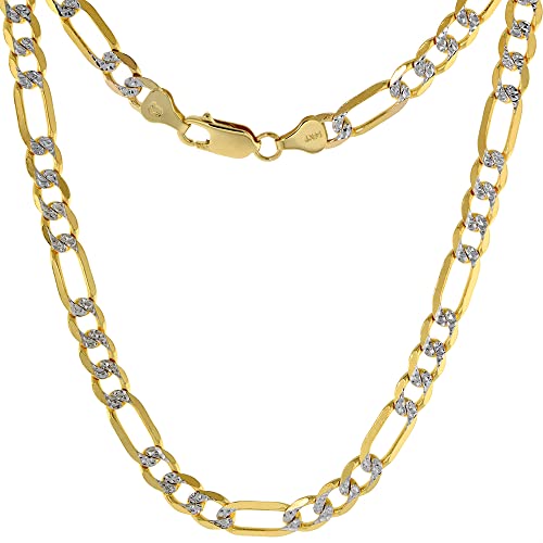 Solid 14k 2-Tone Gold Pave Diamond Cut 7mm Figaro Chain Necklaces & Bracelets for Men and Women Lobster Clasp 8-30 inch