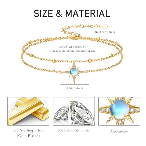 Moonstone Bracelet for Women 925 Sterling Silver Moonstone Bracelet Adjustable Jewelry Gift for Women - style: Star Stacked Anklet - Gold