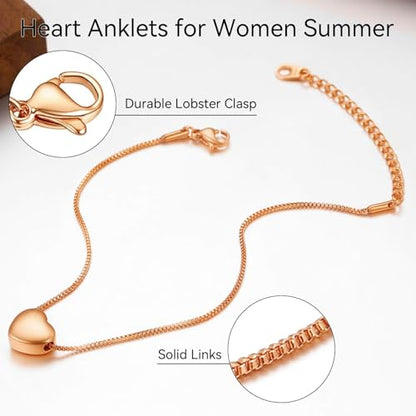 ChainsHouse Ankle Bracelets for Women, Stainless Steel Beaded Chain Ankle Bracelet, Womens Heart Anklets for Summer Beach Jewelry Gifts - color: Q: heart-rose gold