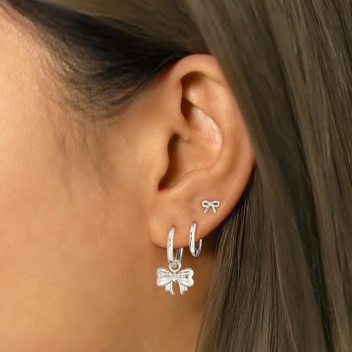 3 Pairs Earring Stacks, Gold Earring Set Jewelry Gift for Women | Small, 14K Gold/White Gold/Black/Rose Gold Plated, Hypoallergenic, Her, Everday, Stackable, Simple, 3 Holes - color: Silver-Bow