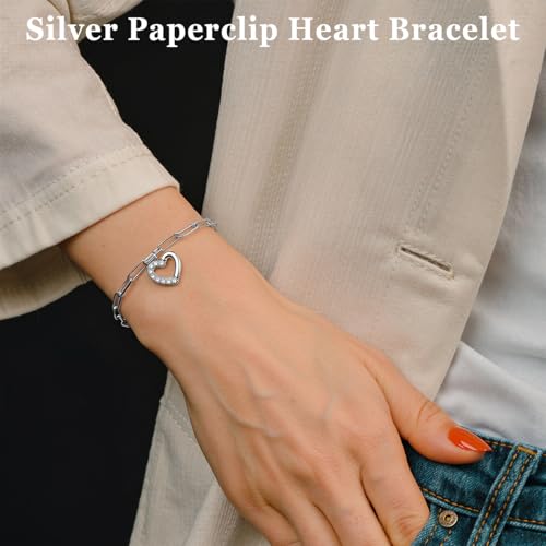 Emibele Heart Charm Bracelet for Women, Bible Verse Bracelet Stainless Steel 18K Gold Plated Bracelet Love Pendant Link Chain OT Clasp, Birthday Christmas Jewelry Gift for Mother Her - color: Silver Heart Charm