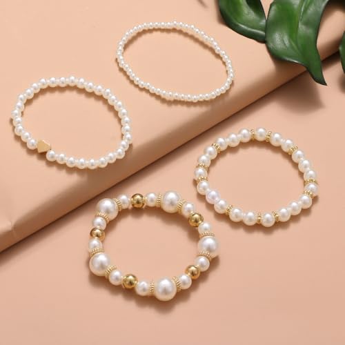 White Pearls Layered Stretch Bracelets Set For Women Simulated Pearl Stackable Stretch Multi layered Elastic Bracelets Jewelry