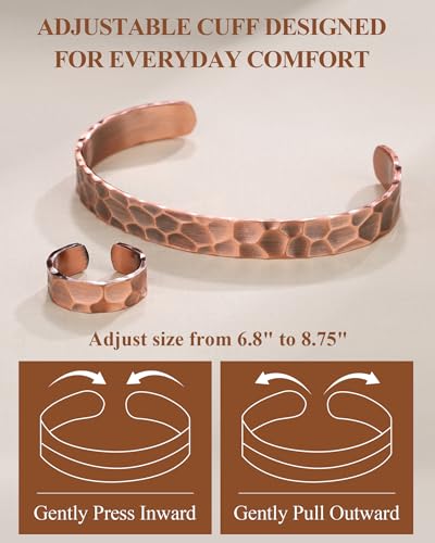 Pure Copper Bracelet and Ring Set – Copper Bracelet for Men & Women – 100% Solid, Raw & Uncoated Handmade Hammered Tibetan Cuff Bangle - color: copper079