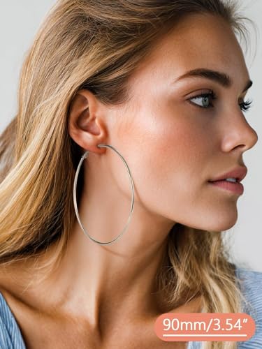 FaithHeart Silver/Black/Gold Stainless Steel Thin Hoop Earrings for Women | 2mm Wide Thin Large Hoop Earrings, Hypoallergenic Lightweight Trendy Jewelry, 20/30/40/50/60/70/80/90/100mm - color: Silver, size: 90mm/3.54"