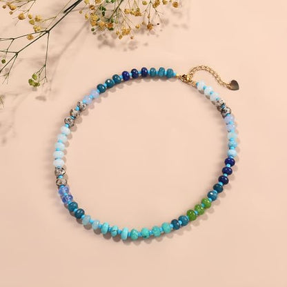 Joya Love Colorful Gemstone Beaded Necklaces For Women Trendy Rainbow Natural Stone Boho Handmade Stainless Steel Waterproof Strand Necklaces Jewelry For Women Gift - color: Blue