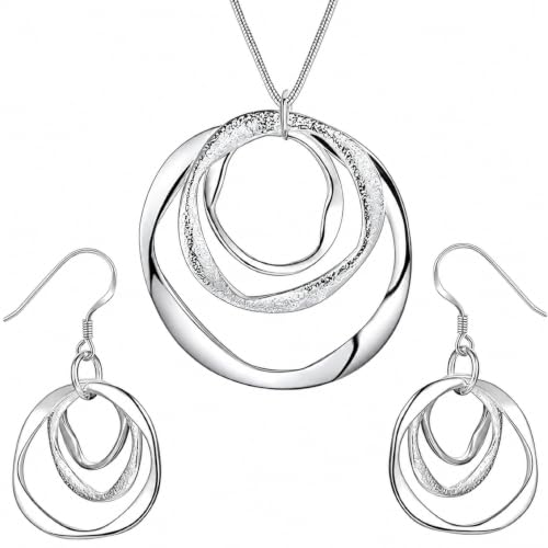 3 Circles Silver Hoop Earrings Necklace Set for Women Geometric Jewelry Set | 925 Silver Hypoallergenic Small Hoop Circle Geometry Textured Finish Minimalist Style Comfortable Wear - style: Silver