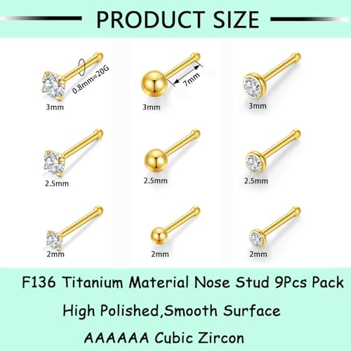 Gotumo 20G Nose Rings Titanium Nose Studs Cubic Zirconia Straight Nose Piercing Jewelry Hypoallergenic Nose Rings Studs for Women Men 6pcs set Silver - color: Gold, size: 20G Straight 9pcs
