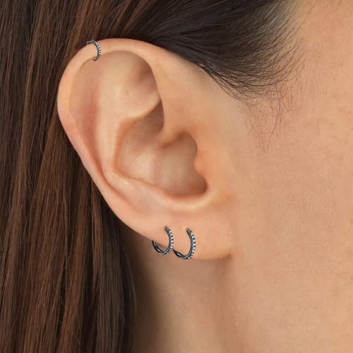 3 Pairs 925 Sterling Silver Small Hoop Earrings for Women Men | Cubic Zirconia, 14K White Gold Plated Huggie Hoop Earrings, Hypoallergenic - style: N-black 6/8/10mm