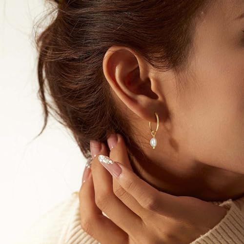 Robaice Pearl Earrings for Women, 14K Gold Plated Dangle Drop Earrings | Small Pearl Drop Huggie Hoop Earrings, Hypoallergenic Dainty Gold Earrings, Wedding Jewelry Gifts for Women Trendy - style: glossy pearl earrings