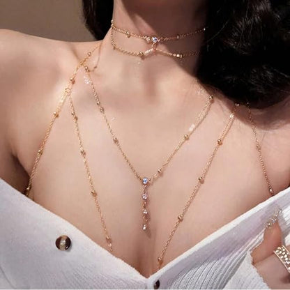 Body Chain Jewelry for Women, Layered Waist Chain for Bikinis | Sexy Body Jewelry, Adjustable Fit, Chest Belly Chain, Gold & Silver Options, Beach Vacation, Festivals Raves & Concerts - style: 4 Diamonds Neckchain1
