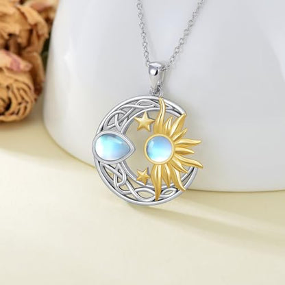 AOBOCO 925 Sterling Silver Moon Sun Star Necklace Celtic Jewelry for Women Girls - color: Silver&Gold&Moonstone
