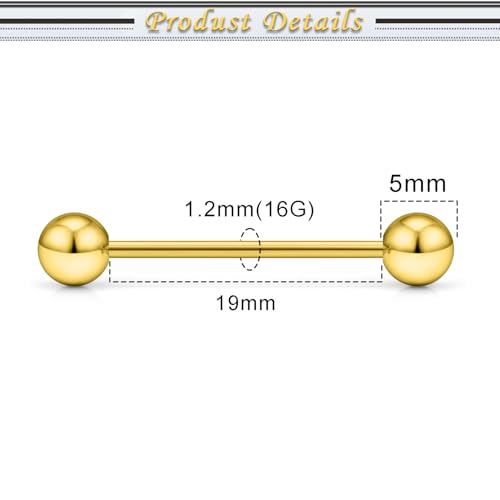 16G 14G Surgical Steel Tongue Rings Nipple Rings Industrial Piercing Jewelry Set Multi Size Straight Barbells 12mm 14mm 16mm 19mm 22mm 28mm 32mm 35mm 38mm 40mm 45mm for Women Men - color: goldtone, size: 16g,bar length 19mm