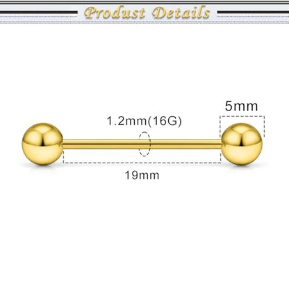 16G 14G Surgical Steel Tongue Rings Nipple Rings Industrial Piercing Jewelry Set Multi Size Straight Barbells 12mm 14mm 16mm 19mm 22mm 28mm 32mm 35mm 38mm 40mm 45mm for Women Men - color: goldtone, size: 16g,bar length 19mm
