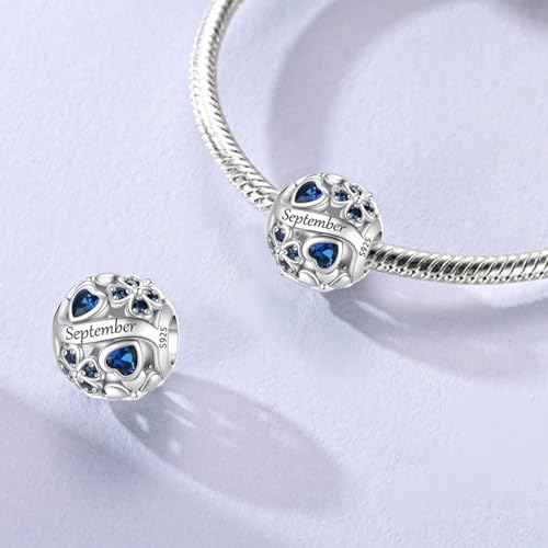 LNQOBU 925 Sterling Silve Lucky Birthstone Charm for Bracelets, With 5A Cubic Zirconia Birthday Charms Dangle Pendant Bead for Pandora Bracelets and Necklaces - color: I1-September