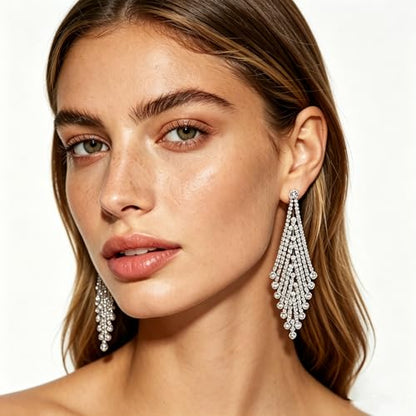 Rhinestone Earrings Dangling for Women Sparkly Silver Dangle Earrings Girls Long Chandelier Earrings Tassel Lightweight Ear Studs Cubic Zirconia (KE001S-W) - color: Dangle 616904S-YZ