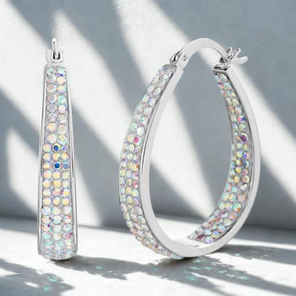 Devin Rose Oval Inside Outside Hoop Earrings for Women Faceted Sparkle Crystals - color: Rainbow