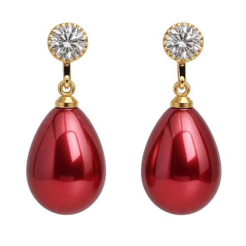 Pearl Clip on Earrings for Women - 14K Gold Silver Plated Cubic Zirconia Non Pierced Ear Clips Jewelry Gifts for Wedding Bridal Party Gifts - color: Red-10mm