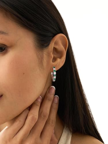 Women's Huggie Hoops with Birthstone 925 Sterling Silver Huggie Stud Hypoallergenic 14K Gold Plated Moissanite Earrings -Emerald Sapphire Ruby Hoop Earrings, Size 20 25mm - color: A -Emerald Gold, size: 20mm (0.78 Inch)