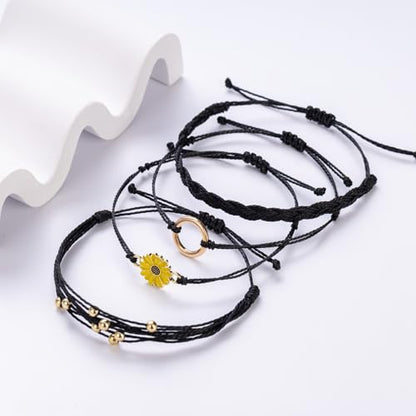 Sunflower Friendship Bracelets Boho Stackable String Bracelets Cute Trendy Gifts for Teen Girls Women - color: Black
