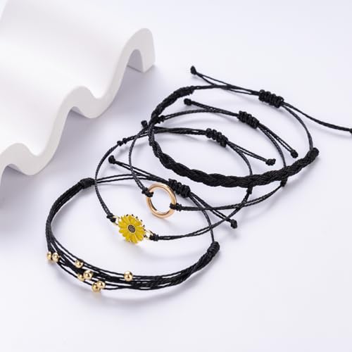 Sunflower Friendship Bracelets Boho Stackable String Bracelets Cute Trendy Gifts for Teen Girls Women - color: Black