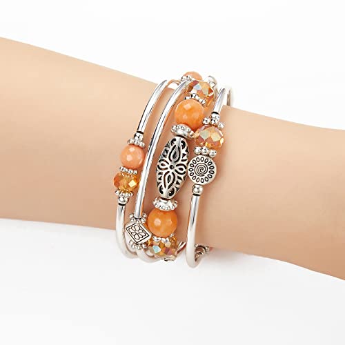 FULU AUTUMN Stackable Beaded Bracelets for Women Boho Wrap Silver Bracelet Layered Fashion Jewelry Gifts for Her - color: Orange