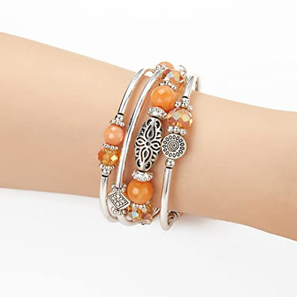 FULU AUTUMN Stackable Beaded Bracelets for Women Boho Wrap Silver Bracelet Layered Fashion Jewelry Gifts for Her - color: Orange