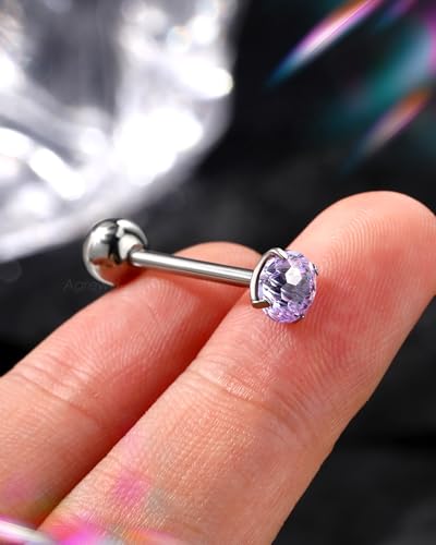 G23 Solid Titanium Tongue Ring Barbell 14G Firework CZ Bar Tongue Rings Surgical Steel Toungue Piercing - color: Pueple