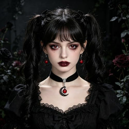 ONLYJUMP Gothic Witch Moon Earrings Necklace Set for Women Goth Black Velvet Moon Choker Necklace Moon Zirconia Dangle Drop Earrings Dark Halloween Witch Vampire Jewelry - color: Red