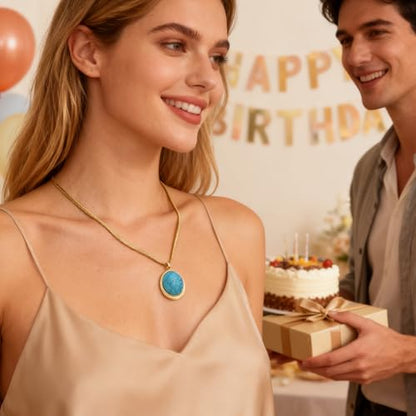 Sonateomber Gold Stone Pendant Necklace for Women, Chunky Statement Dainty Heart Oval Natural Gemstone Dangle Necklaces Wedding Prom Accessories Fashion Jewelry Gift - color: Blue Turquoise