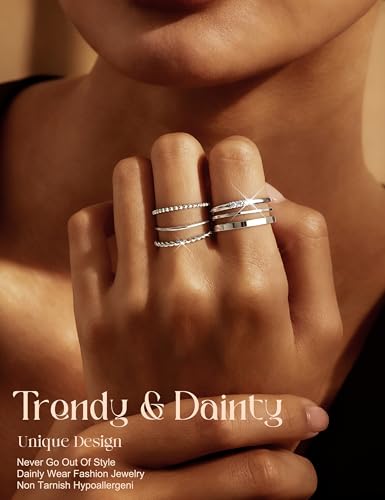 FIBO STEEL 14K Gold Plated Stackable Rings for Women Non Tarnish - Dainty Rings Cubic Zirconia Thin Ring Set Minimalist Thumb Stacking Ring Size 5-11 - size: SIZE 7
