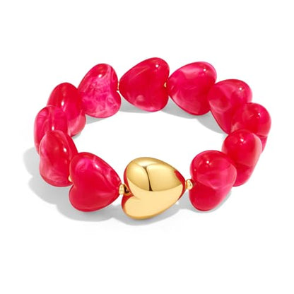 WOWORAMA Chunky Beaded Bracelets for Women Colorful Large Square Beads Bracelet Boho Acrylic Resin Stretch Bracelets Statement Chunky Bracelet Summer Jewelry - color: Heart-Rose Red
