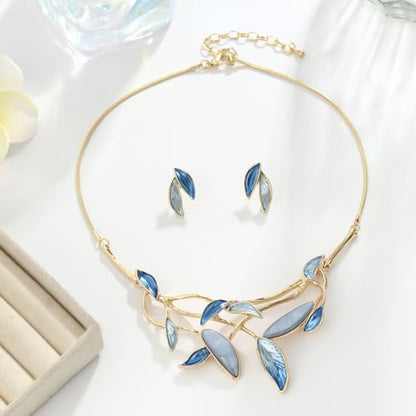 Vintage Statement Jewelry Set - Chunky Flower Floral Plant Geometric Resin Bib Necklace Earring Set Bohemian Boho Crystal Rhinestone Fashion Jewelry for Women Bridal Party Prom Unique Gift - style: MLJS2610-Blue