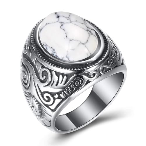 MYNENEY Retro Vintage Stone Rings for Men Turquoise Rings Stainless Steel - color: white