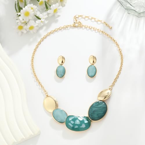 Vintage Statement Jewelry Set - Chunky Flower Floral Plant Geometric Resin Bib Necklace Earring Set Bohemian Boho Crystal Rhinestone Fashion Jewelry for Women Bridal Party Prom Unique Gift - style: MLJS2608-Aquamarine