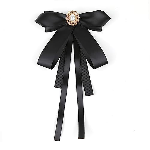 Fashion Ribbon Bow Tie Brooch Pins for Women Girls Crystal Pearl Uniform Pre-Tied Bowknot Corsage Party Ceremony Accessories - color: Black-pin