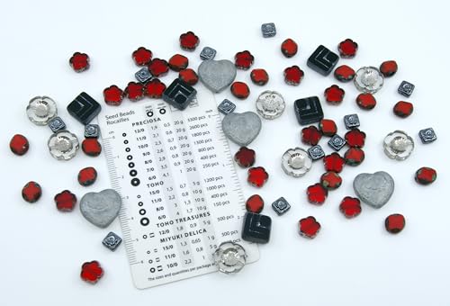 65+ pcs (2.1oz=60g) of Focal Glass Bead Mix with Table-Cut Hawaii Flower and Heart with Rose Beads, PG Gray Red - color: Focal Gray Red