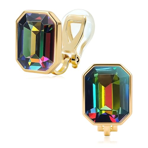 Octagon Austrian Crystal Non Pierced Clip On Earrings for Women | 14K Gold-Plated,Silicone Comfort Pad,Great for Unpierced Ears, Gift Box Included,Brighten Up Daily Outfits - color: Vitrail Medium