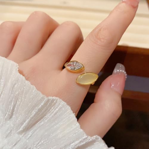 NewZenro Dainty Cat's Eye Marquise Cut Cubic Zirconia Open Ring for Women Gold/Silver Plated Fashion Crystal Geometry Adjustable Stackable Wedding Finger Band Promise Rings Comfort Fit Trendy Jewelry - color: Gold