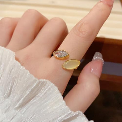 NewZenro Dainty Cat's Eye Marquise Cut Cubic Zirconia Open Ring for Women Gold/Silver Plated Fashion Crystal Geometry Adjustable Stackable Wedding Finger Band Promise Rings Comfort Fit Trendy Jewelry - color: Gold