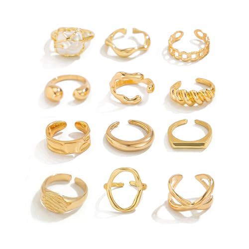 Airvess Gold Knuckle Rings for Women Trendy, Vintage Stackable Rings 14k Gold Plated Rings Sets Dainty Joint Finger Midi Ring Cute Rings Pack Festival Jewelry Gift - style: Chunky - 12 Pcs
